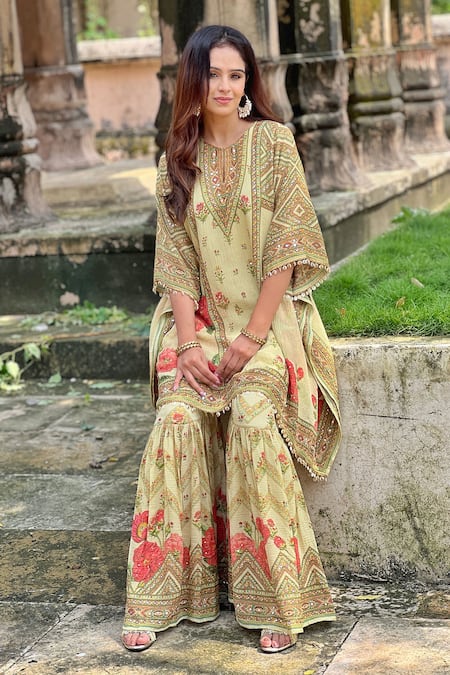 Shop_Surkh Syahi_Yellow Crepe Embroidery Round Neck Floral Print Kaftan And Gharara Set