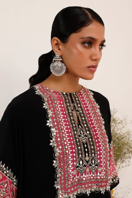 Shop_Surkh Syahi_Black Crepe Embroidery, Mirrors Collared And Pink Blossom Kaftan Set _Online_at_Aza_Fashions