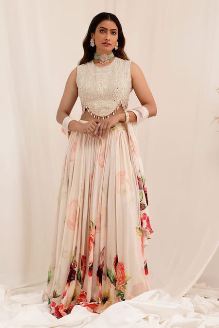 Surkh Syahi Beige Chinnon Print Gul Dasta U Neck Peach Lehenga Set 