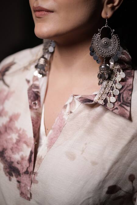 Buy_Surkh Syahi_Pink Linen Tassels Collared Floral Print Kurta Palazzo Set 