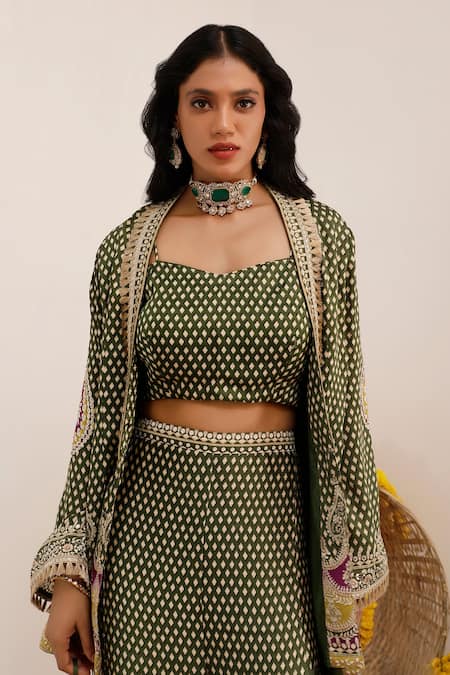 Buy_Surkh Syahi_Green Crepe Foil Printing, Tassels Tribal Blossom Blazer And Sharara Set 