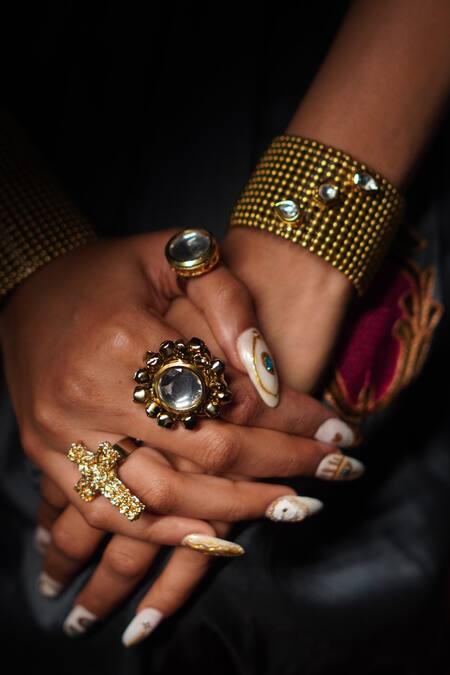 Rejuvenate Jewels_Gold Plated Crystals Kundan Studded Mesh Bracelet _Online_at_Aza_Fashions