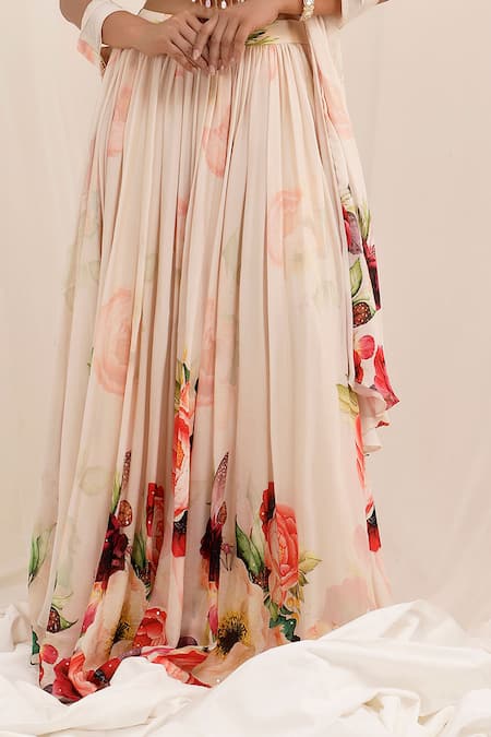 Buy_Surkh Syahi_Beige Chiffon Beads, Embroidery Round Neck Gul Dasta Print Peach Lehenga Set _Online_at_Aza_Fashions