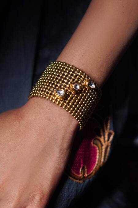 Buy_Rejuvenate Jewels_Gold Plated Crystals Kundan Studded Mesh Bracelet _Online_at_Aza_Fashions