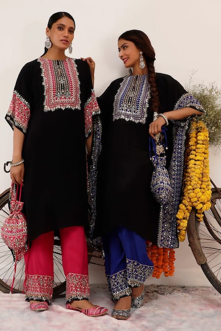 Shop_Surkh Syahi_Black Crepe Embroidery, Mirrors Collared And Pink Blossom Kaftan Set 