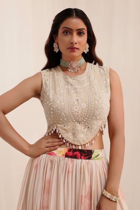 Surkh Syahi_Beige Chiffon Beads, Embroidery Round Neck Gul Dasta Print Peach Lehenga Set _at_Aza_Fashions