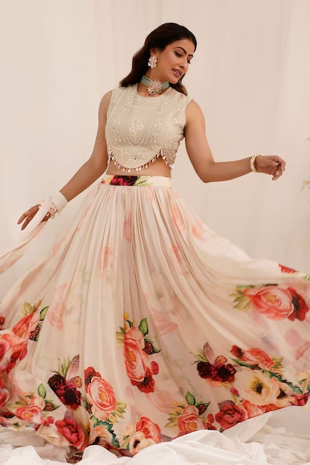 Buy_Surkh Syahi_Beige Chiffon Beads, Embroidery Round Neck Gul Dasta Print Peach Lehenga Set 