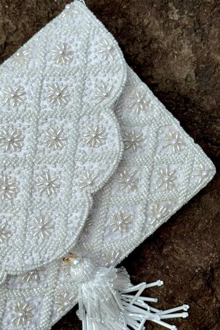 Bhavna Kumar White Pearls Embellished Scalloped Clutch Online at Aza Fashions Bhavna Kumar_White Pearls Embellished Scalloped Clutch_Online_at_Aza_Fashions