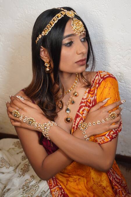 Rejuvenate Jewels Gold Plated Gota Patti Kundan Ghungroo Tear Drop Earrings Online at Aza Fashions Rejuvenate Jewels_Gold Plated Gota Patti Kundan Ghungroo Tear Drop Earrings _Online_at_Aza_Fashions