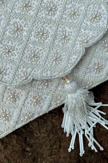 Buy Bhavna Kumar White Pearls Embellished Scalloped Clutch Online at Aza Fashions Buy_Bhavna Kumar_White Pearls Embellished Scalloped Clutch_Online_at_Aza_Fashions