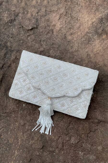 Shop Bhavna Kumar White Pearls Embellished Scalloped Clutch Online at Aza Fashions Shop_Bhavna Kumar_White Pearls Embellished Scalloped Clutch_Online_at_Aza_Fashions
