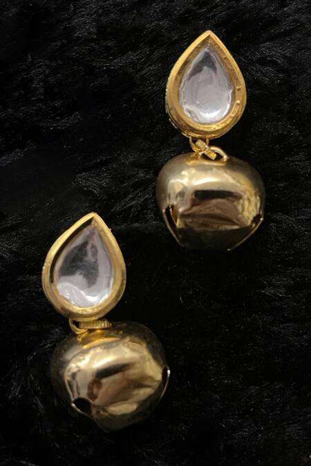 Shop Rejuvenate Jewels Gold Plated Gota Patti Kundan Ghungroo Tear Drop Earrings at Aza Fashions Shop_Rejuvenate Jewels_Gold Plated Gota Patti Kundan Ghungroo Tear Drop Earrings _at_Aza_Fashions