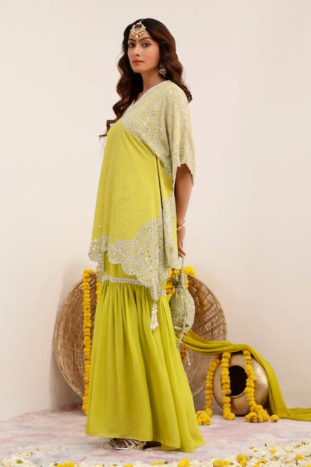 Surkh Syahi_Green Crepe, Chiffon Pearls, Sequins V-neck Print Gharara And Kurta Set _Online_at_Aza_Fashions
