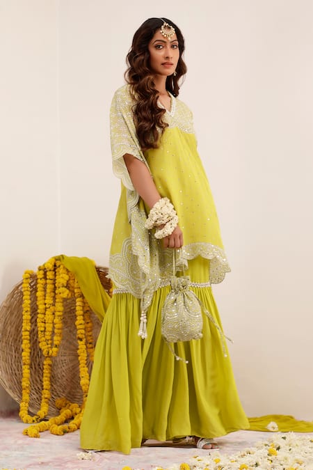 Buy_Surkh Syahi_Green Crepe, Chiffon Pearls, Sequins V-neck Print Gharara And Kurta Set _Online_at_Aza_Fashions