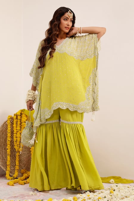 Surkh Syahi Green Crepe, Chiffon Pearls, Sequins V-neck Print Gharara And Kurta Set 