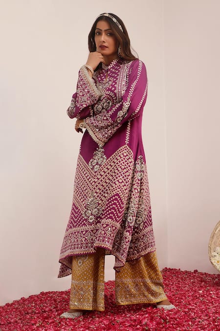 Buy_Surkh Syahi_Purple Crepe Embroidery, Mirrors, Foil Printing Mandarin Gul Kurta Palazzo Set _Online_at_Aza_Fashions