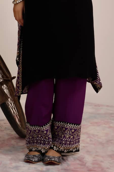 Surkh Syahi_Black Crepe Mirrors Collared And Purple Flora Kaftan Set _Online_at_Aza_Fashions