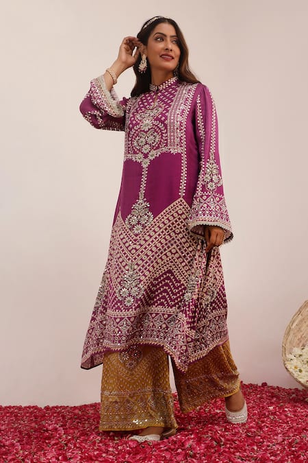 Shop_Surkh Syahi_Purple Crepe Embroidery, Mirrors, Foil Printing Mandarin Gul Kurta Palazzo Set _Online_at_Aza_Fashions