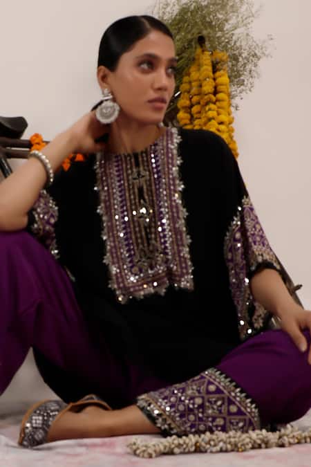 Shop_Surkh Syahi_Black Crepe Mirrors Collared And Purple Flora Kaftan Set _Online_at_Aza_Fashions