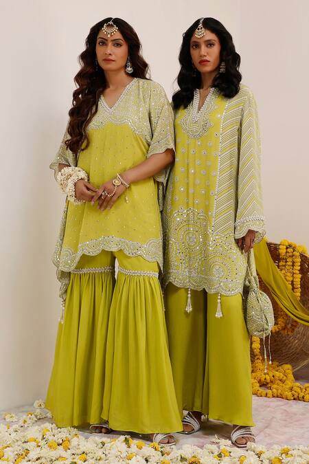 Buy_Surkh Syahi_Green Crepe, Chiffon Pearls, Sequins V-neck Print Gharara And Kurta Set 