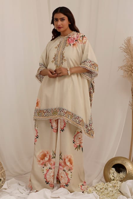 Buy_Surkh Syahi_Beige Muslin Beads Collared Gul Kand Print Kaftan Kurta Set _Online_at_Aza_Fashions