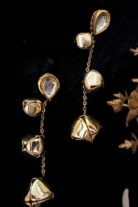 Shop Rejuvenate Jewels Gold Plated Gota Patti, Studs Cascading Ghungroo Drop Earrings at Aza Fashions Shop_Rejuvenate Jewels_Gold Plated Gota Patti, Studs Cascading Ghungroo Drop Earrings _at_Aza_Fashions