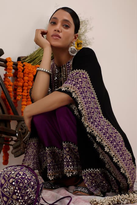 Shop_Surkh Syahi_Black Crepe Mirrors Collared And Purple Flora Kaftan Set 