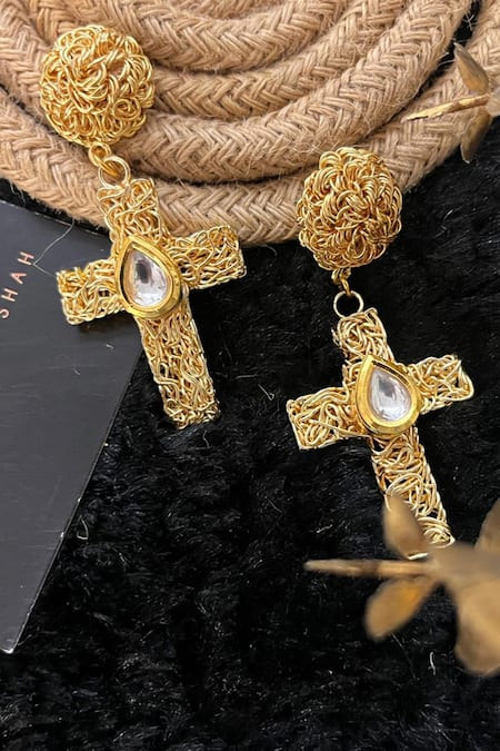 Shop Rejuvenate Jewels Gold Plated Zari Kundan Cross Mesh Danglers at Aza Fashions Shop_Rejuvenate Jewels_Gold Plated Zari Kundan Cross Mesh Danglers _at_Aza_Fashions