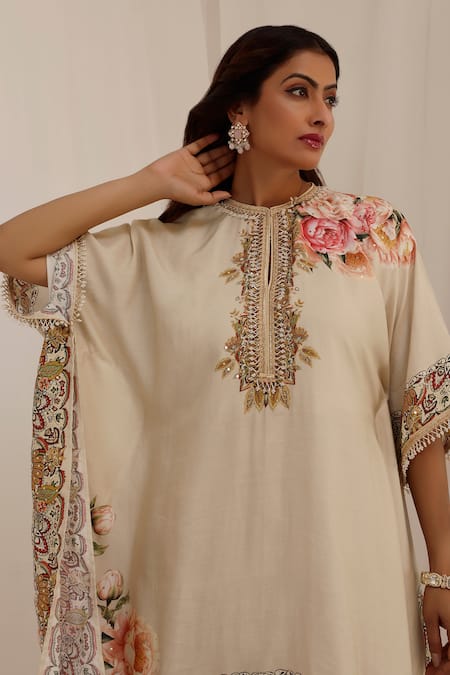Shop_Surkh Syahi_Beige Muslin Beads Collared Gul Kand Print Kaftan Kurta Set _Online_at_Aza_Fashions