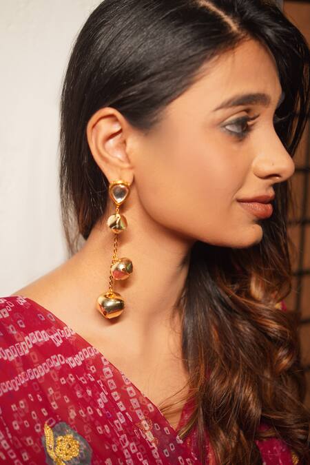 Shop Rejuvenate Jewels Gold Plated Gota Patti, Studs Cascading Ghungroo Drop Earrings Online at Aza Fashions Shop_Rejuvenate Jewels_Gold Plated Gota Patti, Studs Cascading Ghungroo Drop Earrings _Online_at_Aza_Fashions