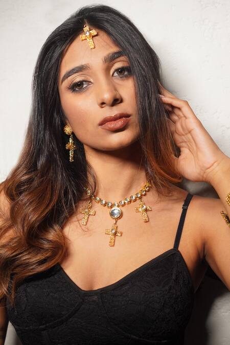 Rejuvenate Jewels_Gold Plated Zari Kundan Cross Mesh Danglers _Online_at_Aza_Fashions