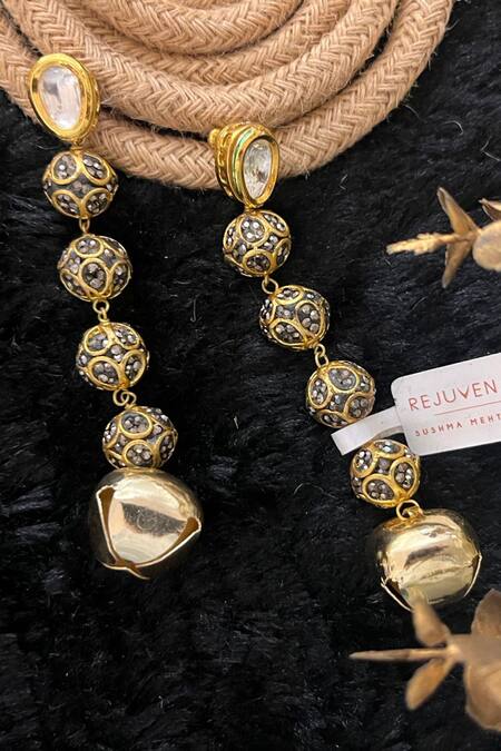 Shop_Rejuvenate Jewels_Gold Plated Diamonds, Gota Patti Cascading Kundan And Ghungroo Earrings _at_Aza_Fashions