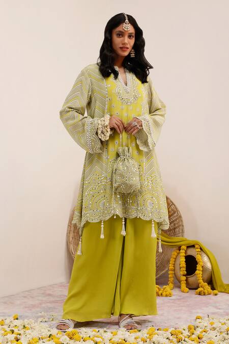 Shop_Surkh Syahi_Green Crepe, Chiffon Pearls Split V-neck Kaftan Style Print Kurta Set _Online_at_Aza_Fashions