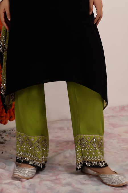Surkh Syahi_Black Crepe Mirrors Round Neck And Green Floral Kaftan Set _Online_at_Aza_Fashions