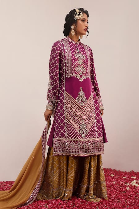 Surkh Syahi Purple Russian Cotton Silk Print Gulshan Mandarin Collar Kurta Palazzo Set 