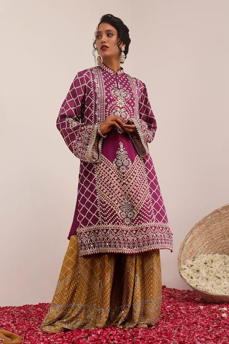 Surkh Syahi_Purple Crepe Mirrors, Foil Printing Mandarin Collar Gulshan Kurta Palazzo Set _Online_at_Aza_Fashions