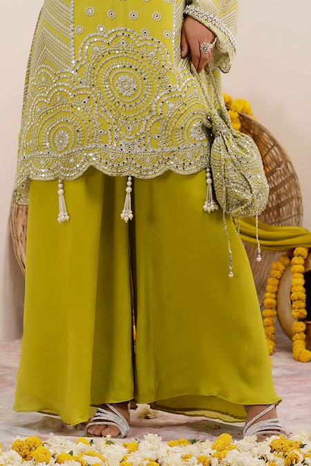 Surkh Syahi_Green Crepe, Chiffon Pearls Split V-neck Kaftan Style Print Kurta Set _at_Aza_Fashions