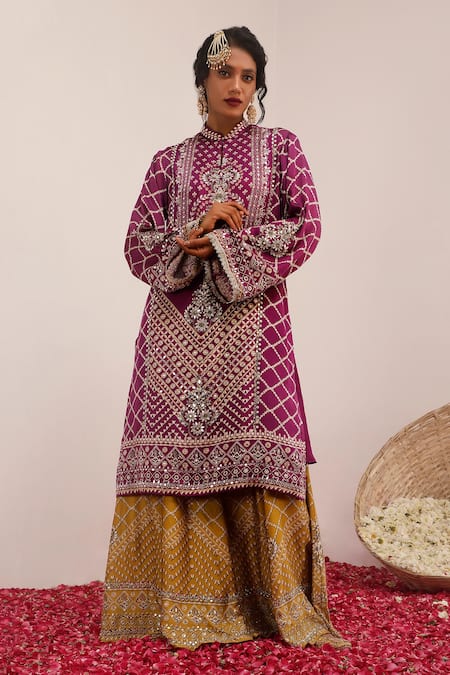 Buy_Surkh Syahi_Purple Crepe Mirrors, Foil Printing Mandarin Collar Gulshan Kurta Palazzo Set _Online_at_Aza_Fashions