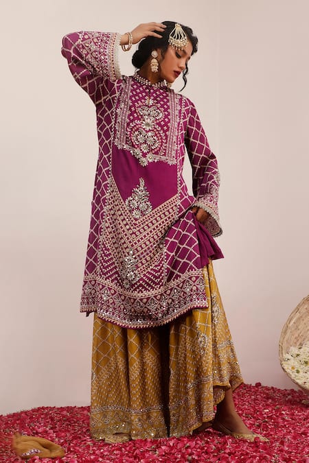Shop_Surkh Syahi_Purple Crepe Mirrors, Foil Printing Mandarin Collar Gulshan Kurta Palazzo Set _Online_at_Aza_Fashions