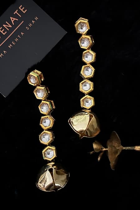 Shop Rejuvenate Jewels Gold Plated Gota Patti, Stones Kundan Ghungroo Drop Earrings at Aza Fashions Shop_Rejuvenate Jewels_Gold Plated Gota Patti, Stones Kundan Ghungroo Drop Earrings _at_Aza_Fashions