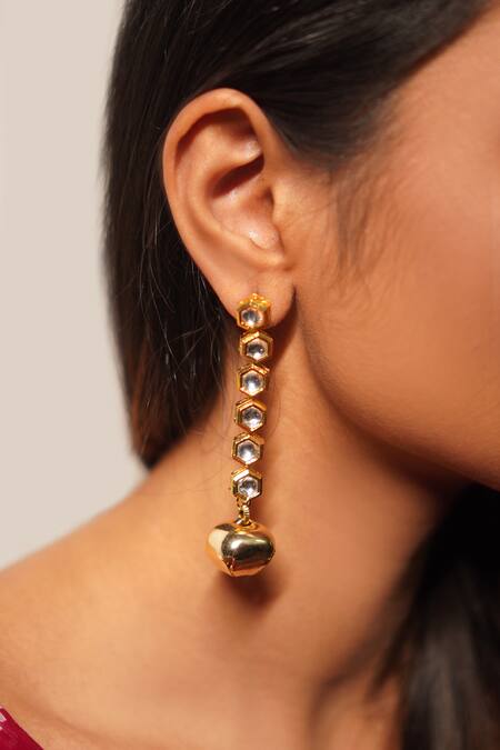 Rejuvenate Jewels Gold Plated Gota Patti, Stones Kundan Ghungroo Drop Earrings Online at Aza Fashions Rejuvenate Jewels_Gold Plated Gota Patti, Stones Kundan Ghungroo Drop Earrings _Online_at_Aza_Fashions