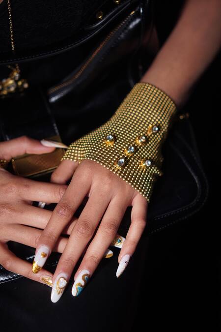 Rejuvenate Jewels_Gold Embroidery Kundan Embellished Mesh Glove _Online_at_Aza_Fashions