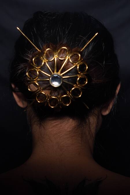 Rejuvenate Jewels_Gold Diamonds Kundan Embellished Hair Bun_Online_at_Aza_Fashions