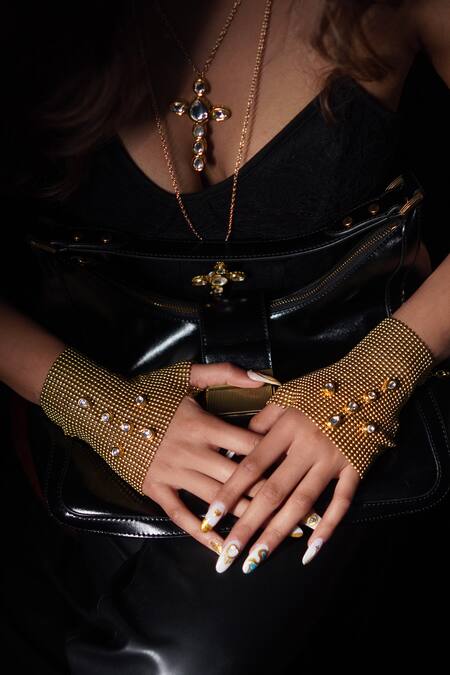 Shop_Rejuvenate Jewels_Gold Embroidery Kundan Embellished Mesh Glove _Online_at_Aza_Fashions