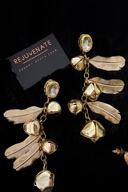 Shop Rejuvenate Jewels Gold Plated Gota Patti, Studs Kundan Ghungroo Long Earrings at Aza Fashions Shop_Rejuvenate Jewels_Gold Plated Gota Patti, Studs Kundan Ghungroo Long Earrings _at_Aza_Fashions