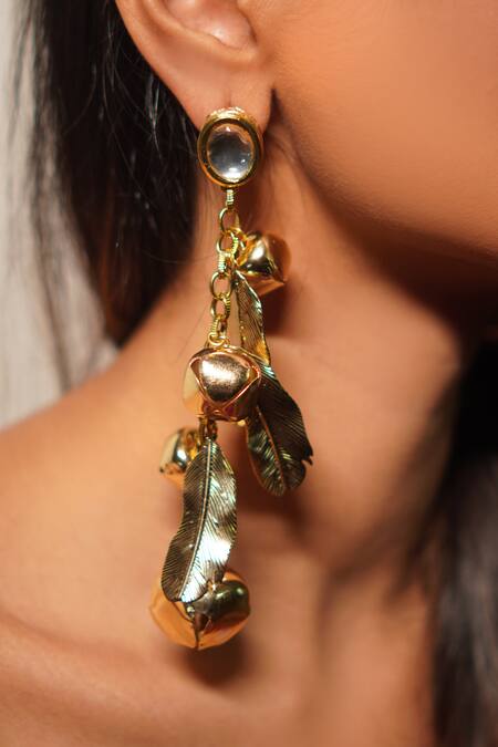 Rejuvenate Jewels Gold Plated Gota Patti, Studs Kundan Ghungroo Long Earrings Online at Aza Fashions Rejuvenate Jewels_Gold Plated Gota Patti, Studs Kundan Ghungroo Long Earrings _Online_at_Aza_Fashions