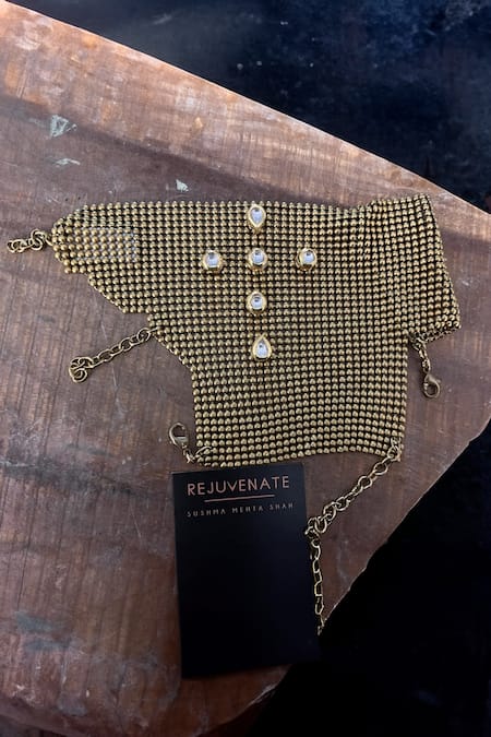 Rejuvenate Jewels Kundan Embellished Gold Mesh Glove 
