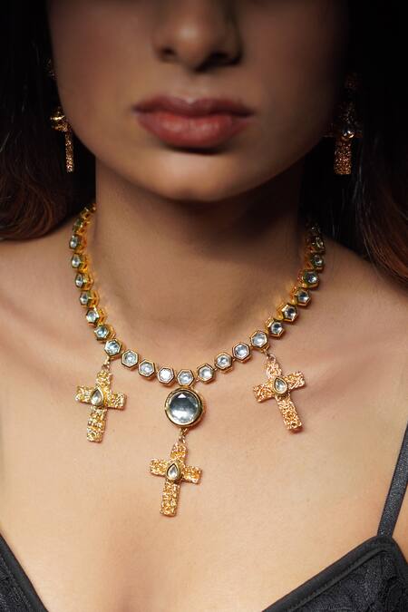 Rejuvenate Jewels_Gold Plated Kundan Cross Shaped Necklace _Online_at_Aza_Fashions