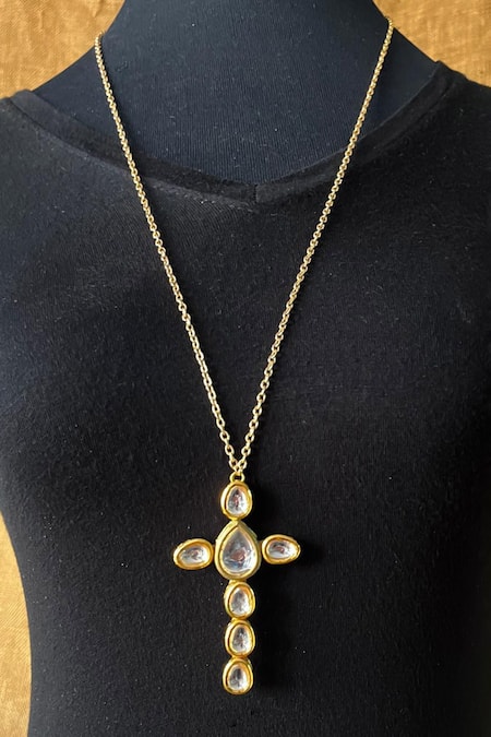 Shop Rejuvenate Jewels Gold Plated Crystals Kundan Cross Pendant Necklace at Aza Fashions Shop_Rejuvenate Jewels_Gold Plated Crystals Kundan Cross Pendant Necklace _at_Aza_Fashions