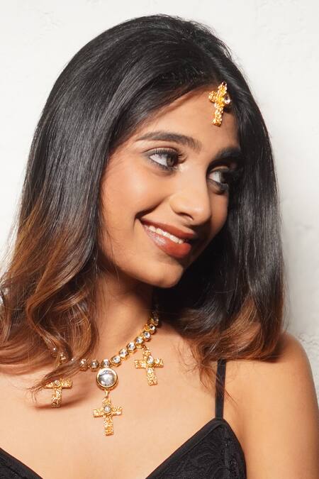 Buy_Rejuvenate Jewels_Gold Plated Kundan Cross Shaped Necklace _Online_at_Aza_Fashions